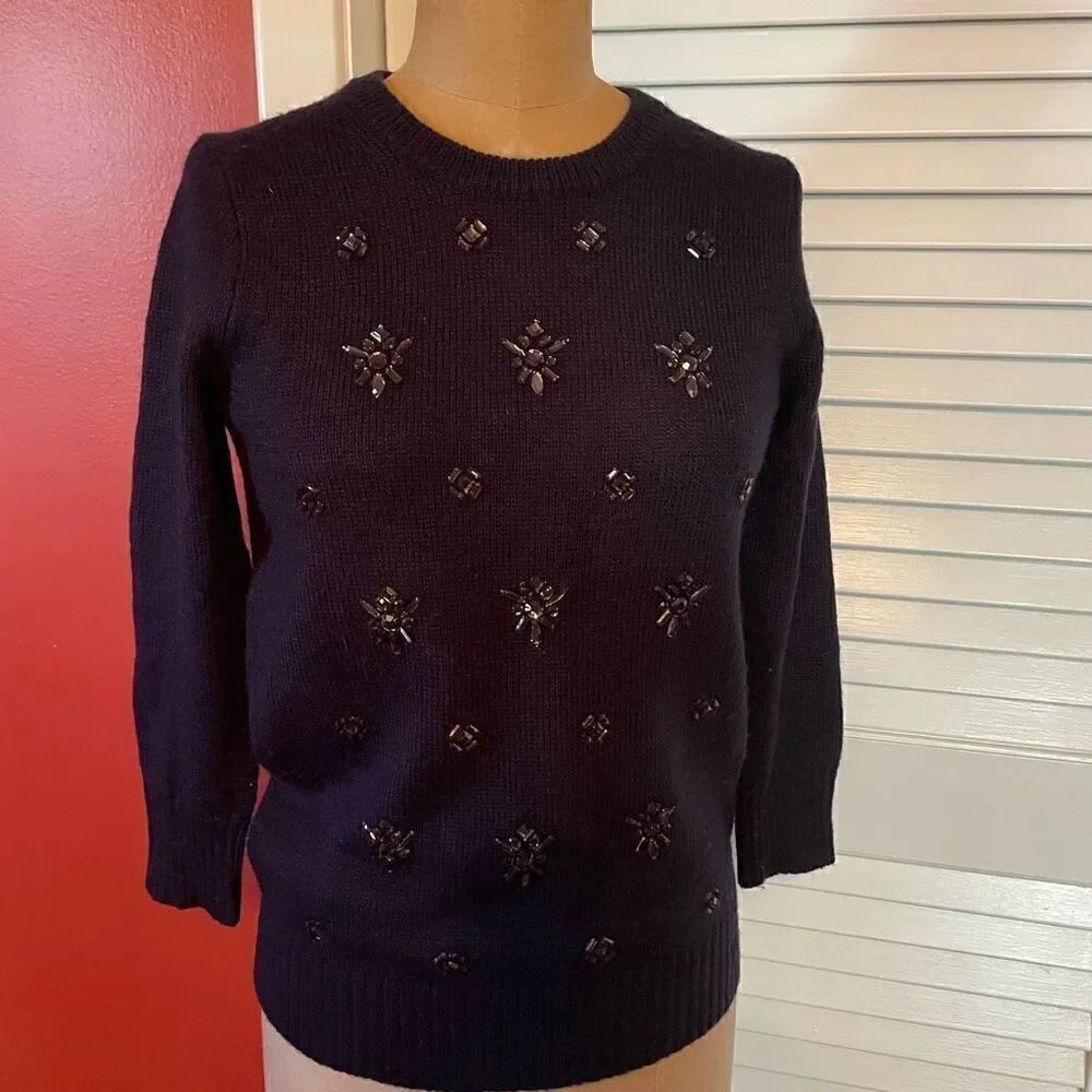 J CREW | black wool blend sweater with black beads XS